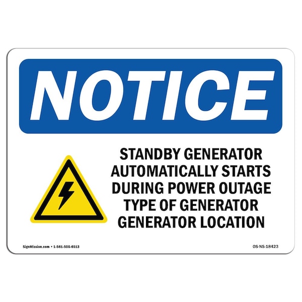 Safety Sign, OSHA Notice, 12" Height, Standby Generator Automatically Sign With Symbol, Landscape